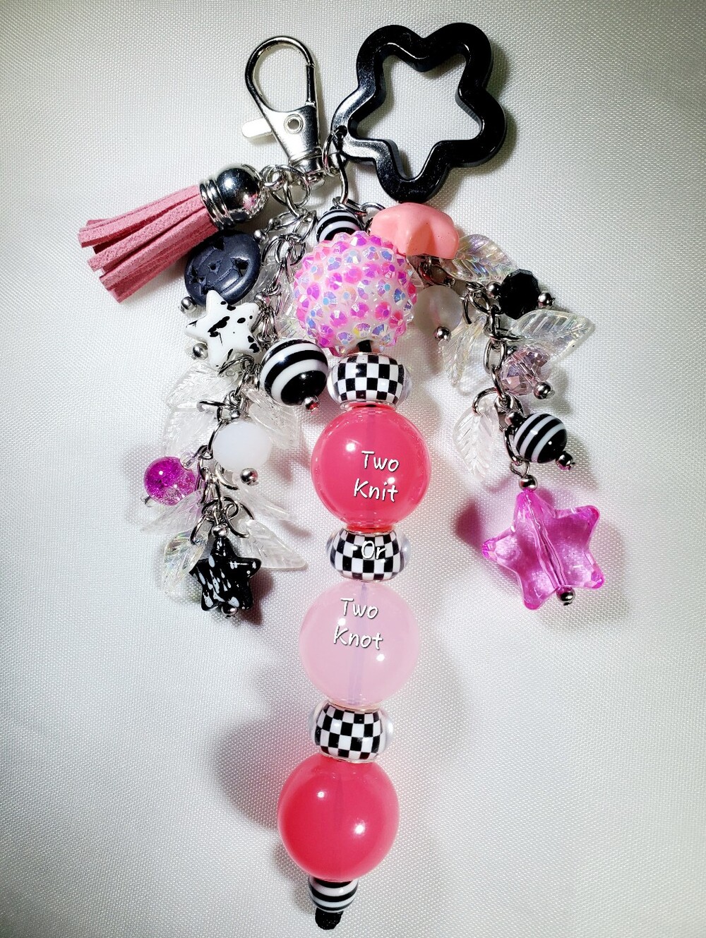 1PCS Handmade One-of-a-Kind (OOAK) Beaded Bag Charm / Junk Keychain Pink & Black